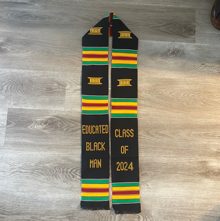 Educated Black Man Class of 2024 Kente Cloth Graduation Stole for Class of 2024 graduates.