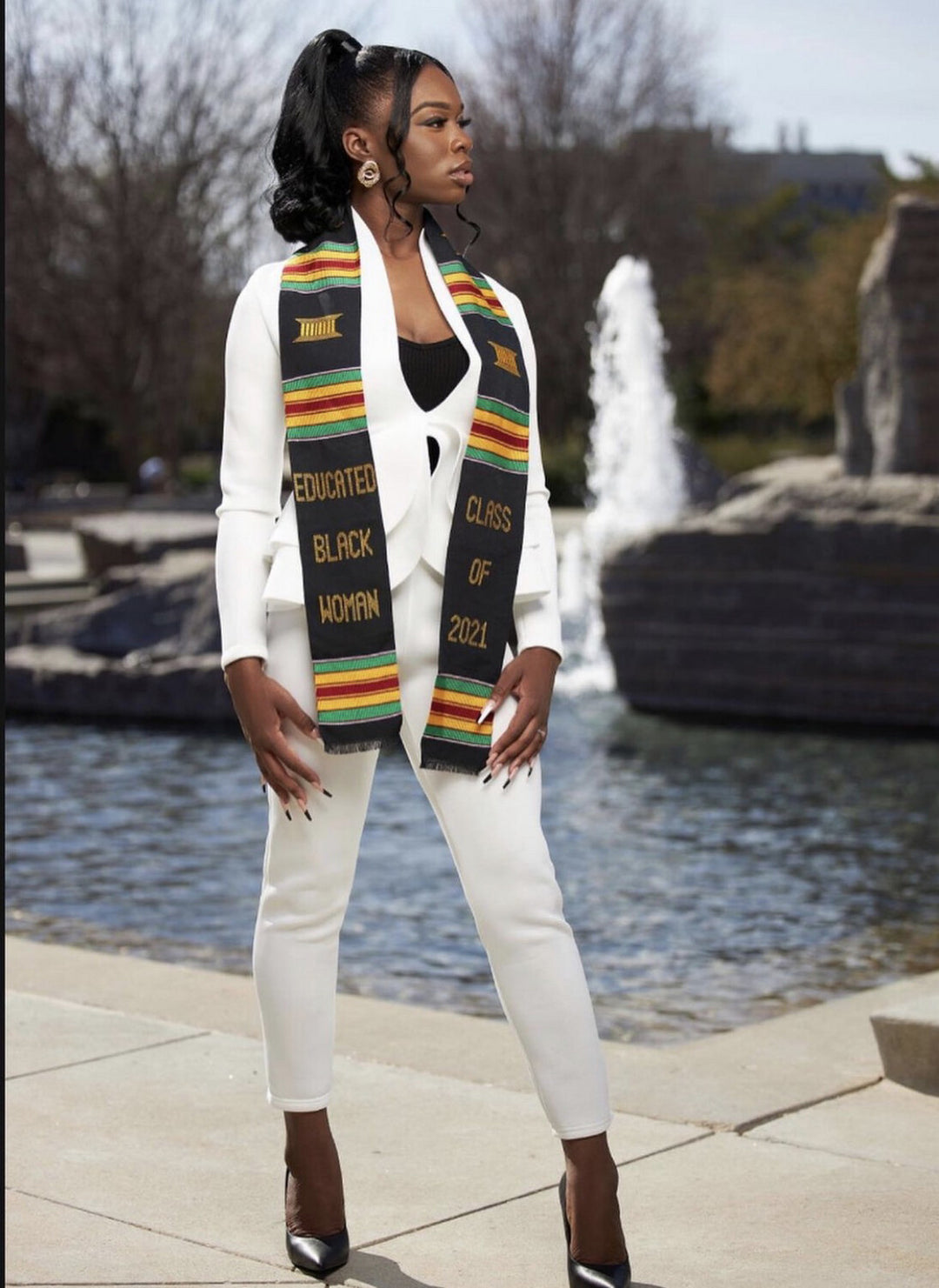 Educated Black Woman Kente Cloth Graduation Stole w/ Garment Care Bag