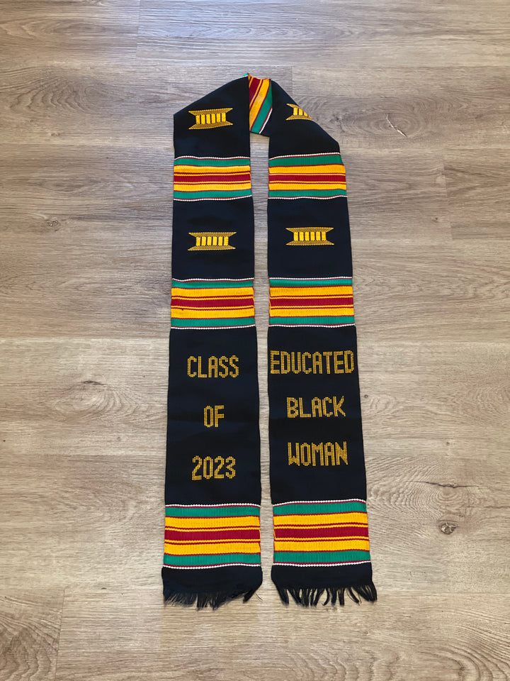 Educated Black Woman Kente Cloth Graduation Stole w/ Garment Care Bag